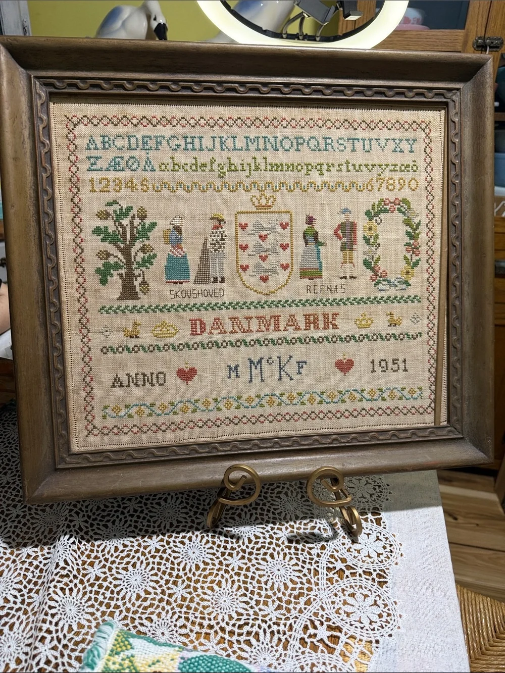 Antique Framed Denmark Cross Stitch Sampler 1951